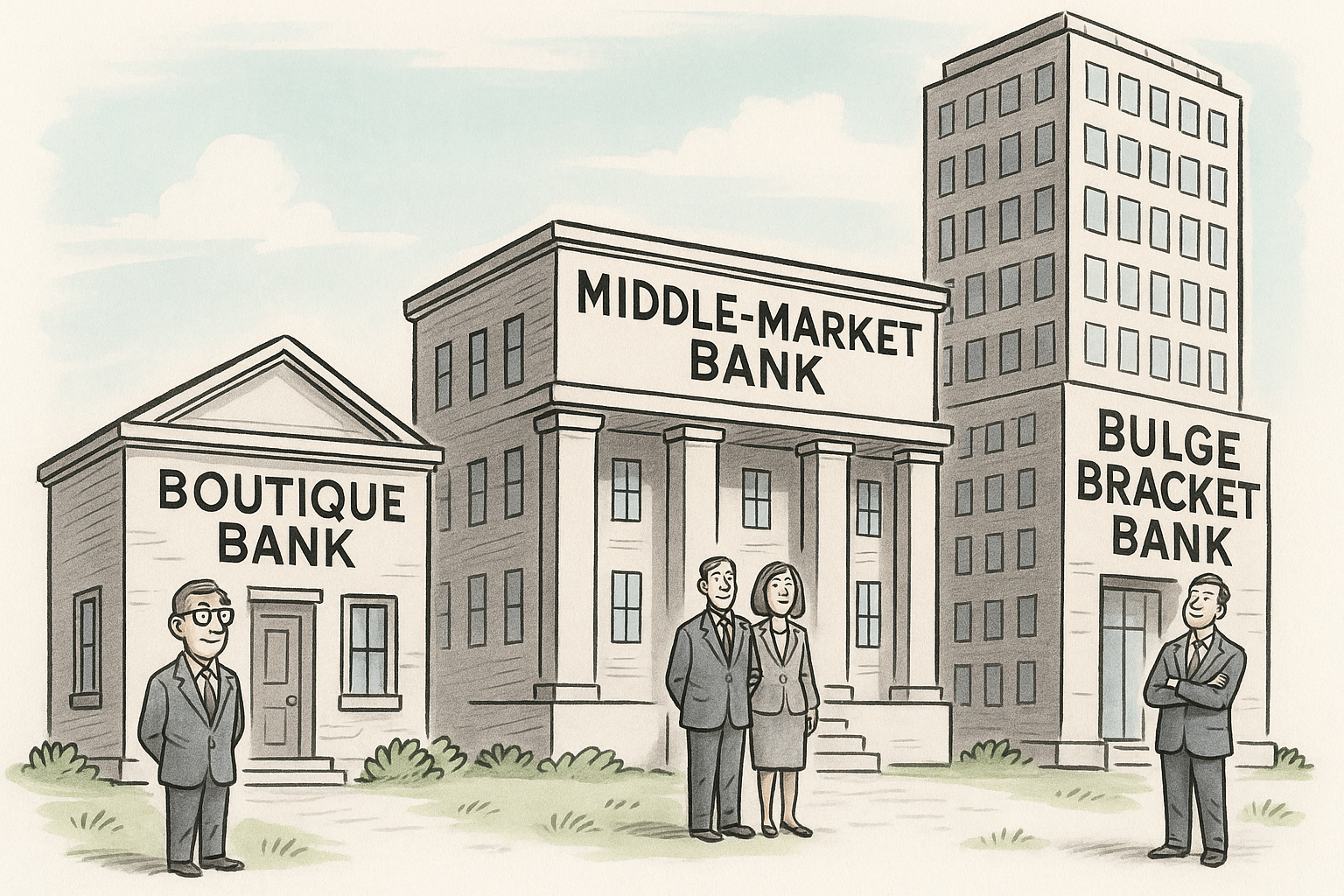 Investment Banking Course comparison of boutique, middle-market, and bulge bracket banks