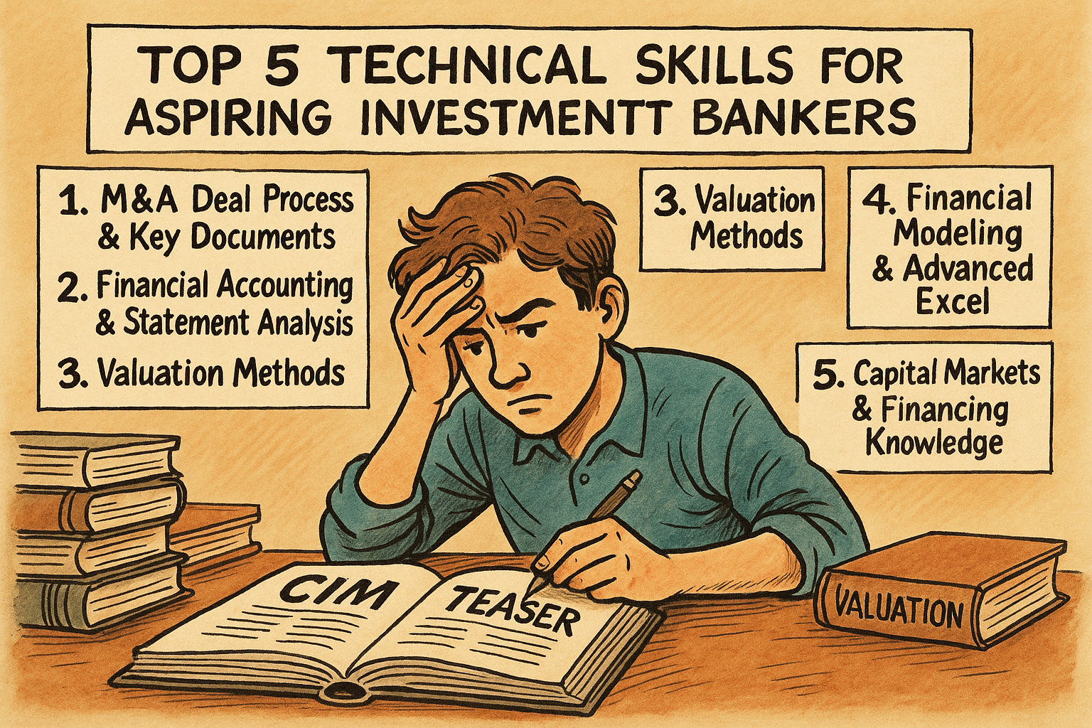 Political cartoon illustration of a student studying investment banking skills, reviewing CIMs, valuation, financial modeling, and M&A concepts at a desk.