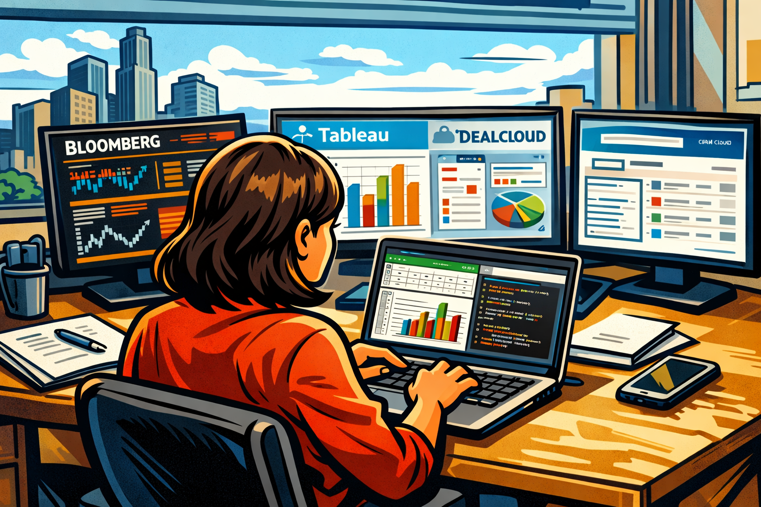 Student viewed from behind working on a laptop with multiple finance dashboards on screen, illustrated in colorful political cartoon style, representing modern investment banking tools and skills.