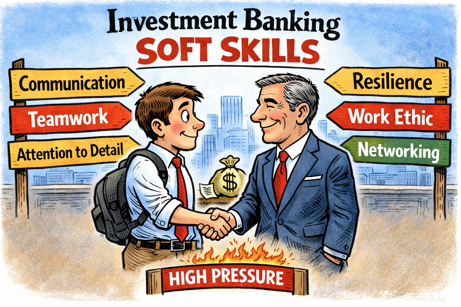 Political cartoon illustration of a student shaking hands with a banker, representing Investment Banking Soft Skills needed to break into finance.