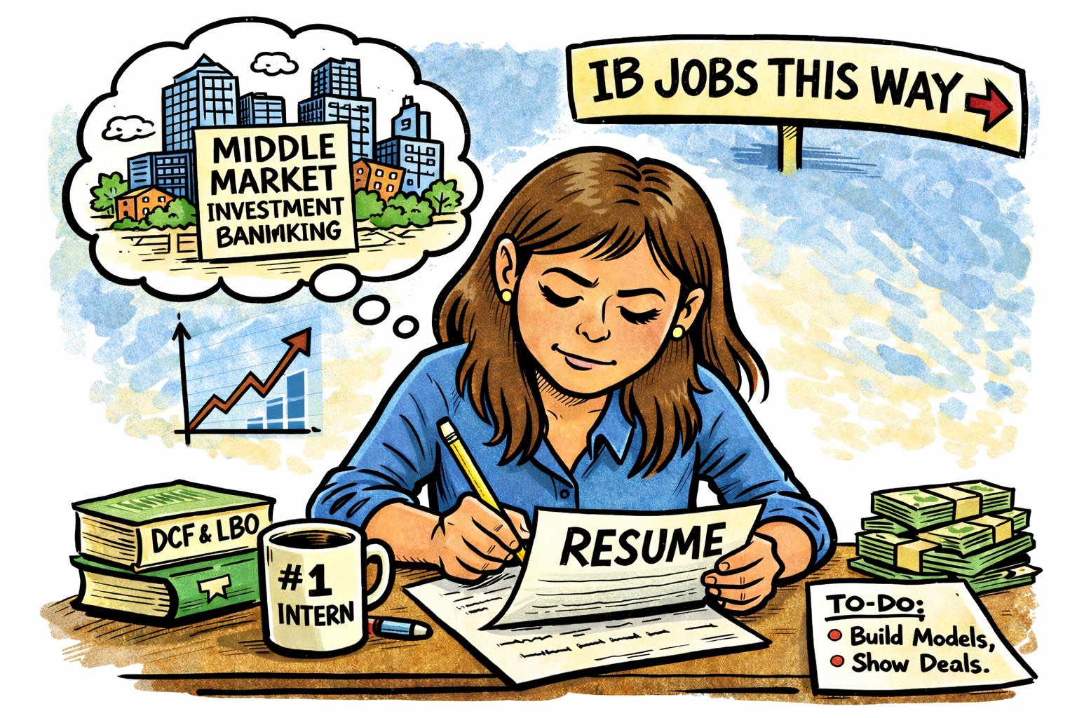 Cartoon of a student writing an investment banking resume, illustrating practical investment banking resume hacks for middle market roles.