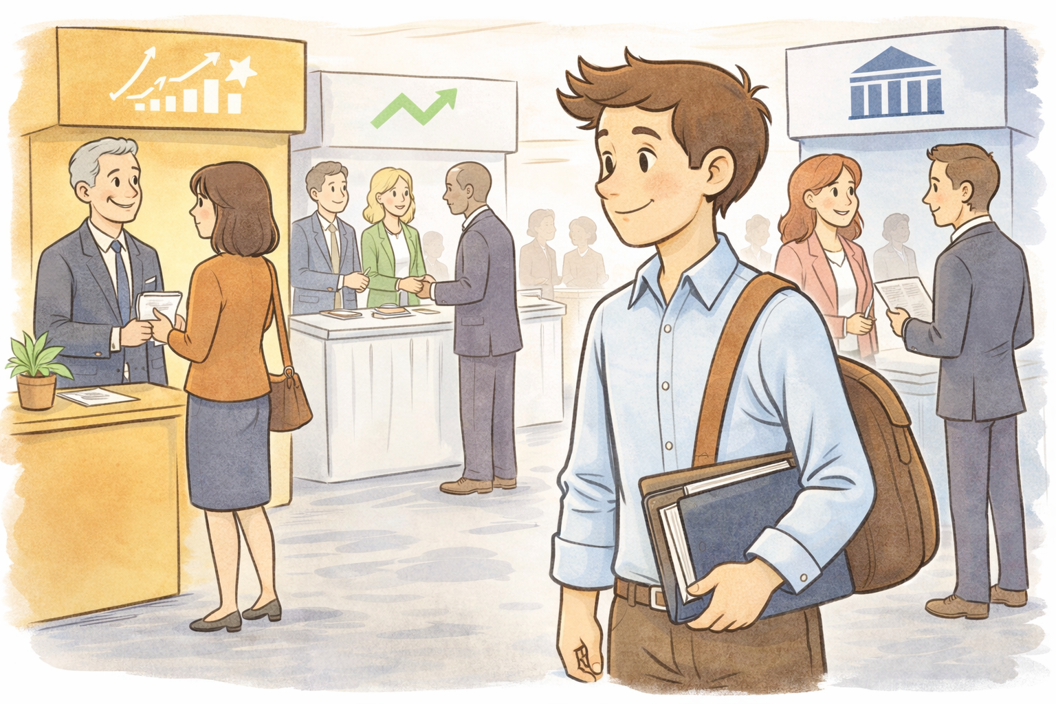 Illustration of a student at a finance career fair talking with professionals at recruiting booths to get a job in investment banking.