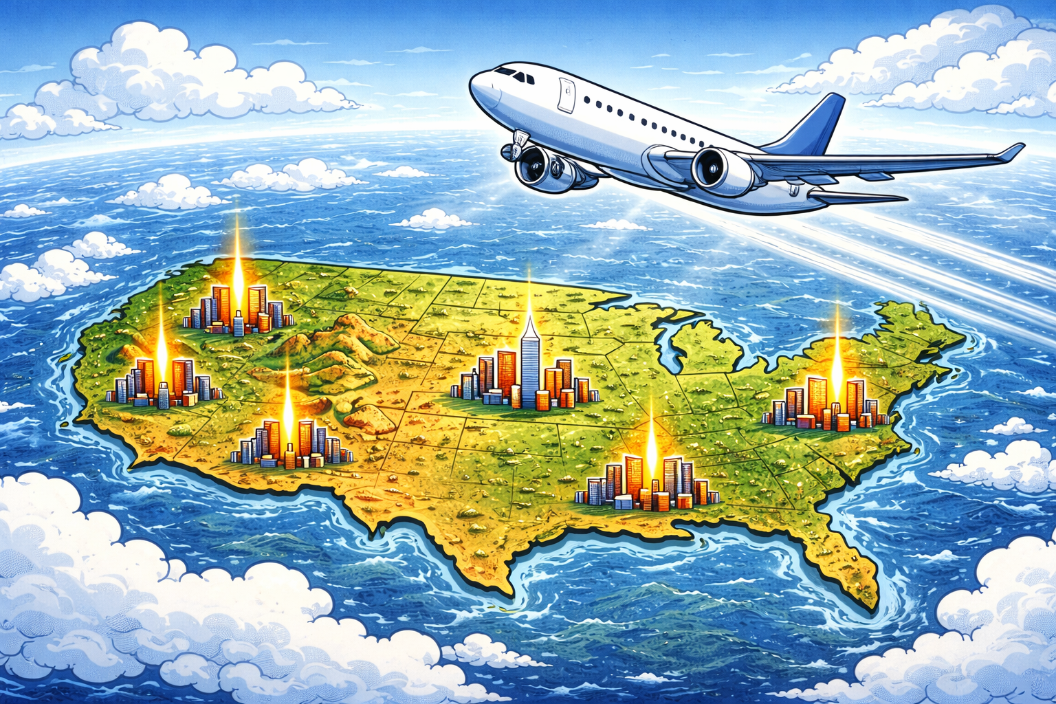 Political cartoon illustration of an airplane flying over a map of the United States with major investment banking cities highlighted below.