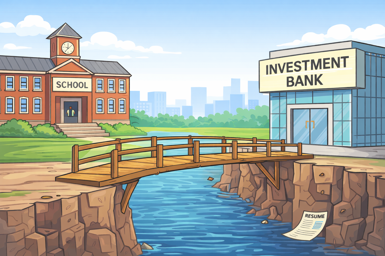 Illustration showing a bridge connecting a school to an investment bank, symbolizing entry level investment banking training bridging the skills gap.