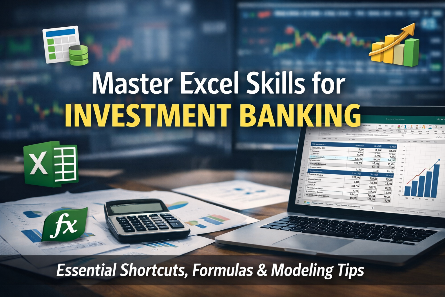 Promotional banner showing how to master Excel for banking, featuring a laptop with financial spreadsheets, calculator, charts, and Excel icons in a finance-focused office setting.