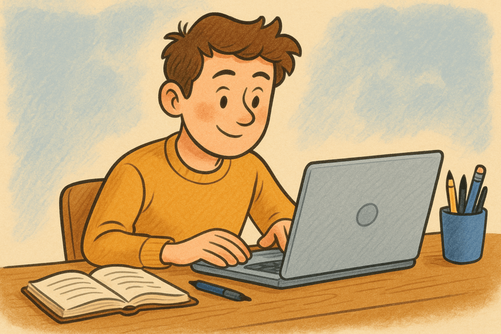 Student learning investment banking concepts on a laptop in a colorful cartoon-style illustration, representing EBITDA add-back training and financial analysis skills.