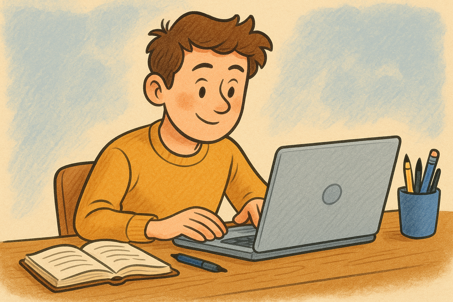 Student learning investment banking concepts on a laptop in a colorful cartoon-style illustration, representing EBITDA add-back training and financial analysis skills.