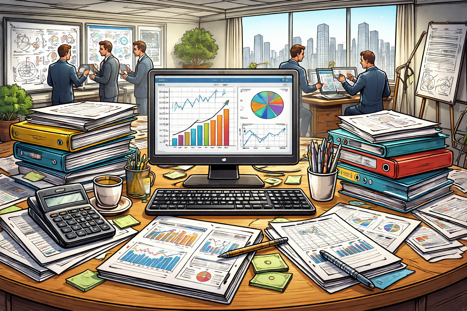 An office scene showing a computer on a desk in a busy finance office illustrating the Most Useful Investment Banking Skills in action