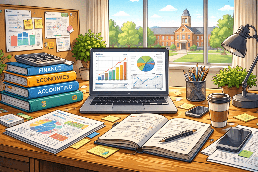 Illustrated study desk with finance books, charts, and a laptop displaying analytics, representing the Qualifications for Investment Bankers through education and deal preparation.