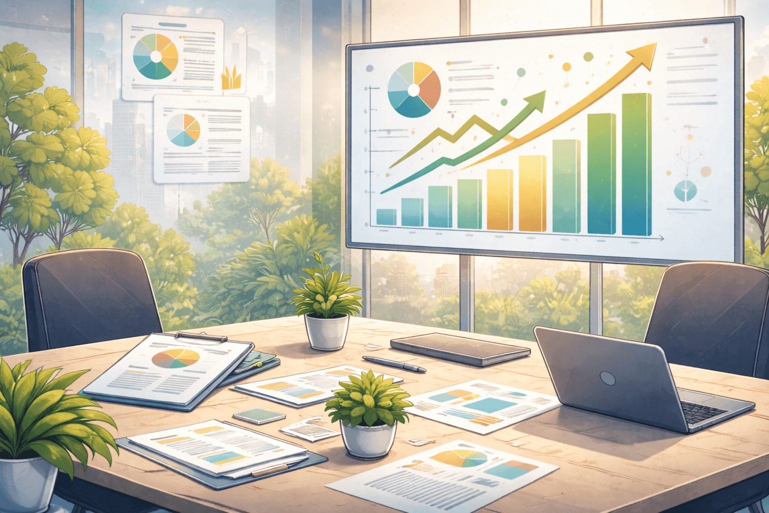 Modern office conference room with financial charts and reports illustrating recent middle market investment banking deals