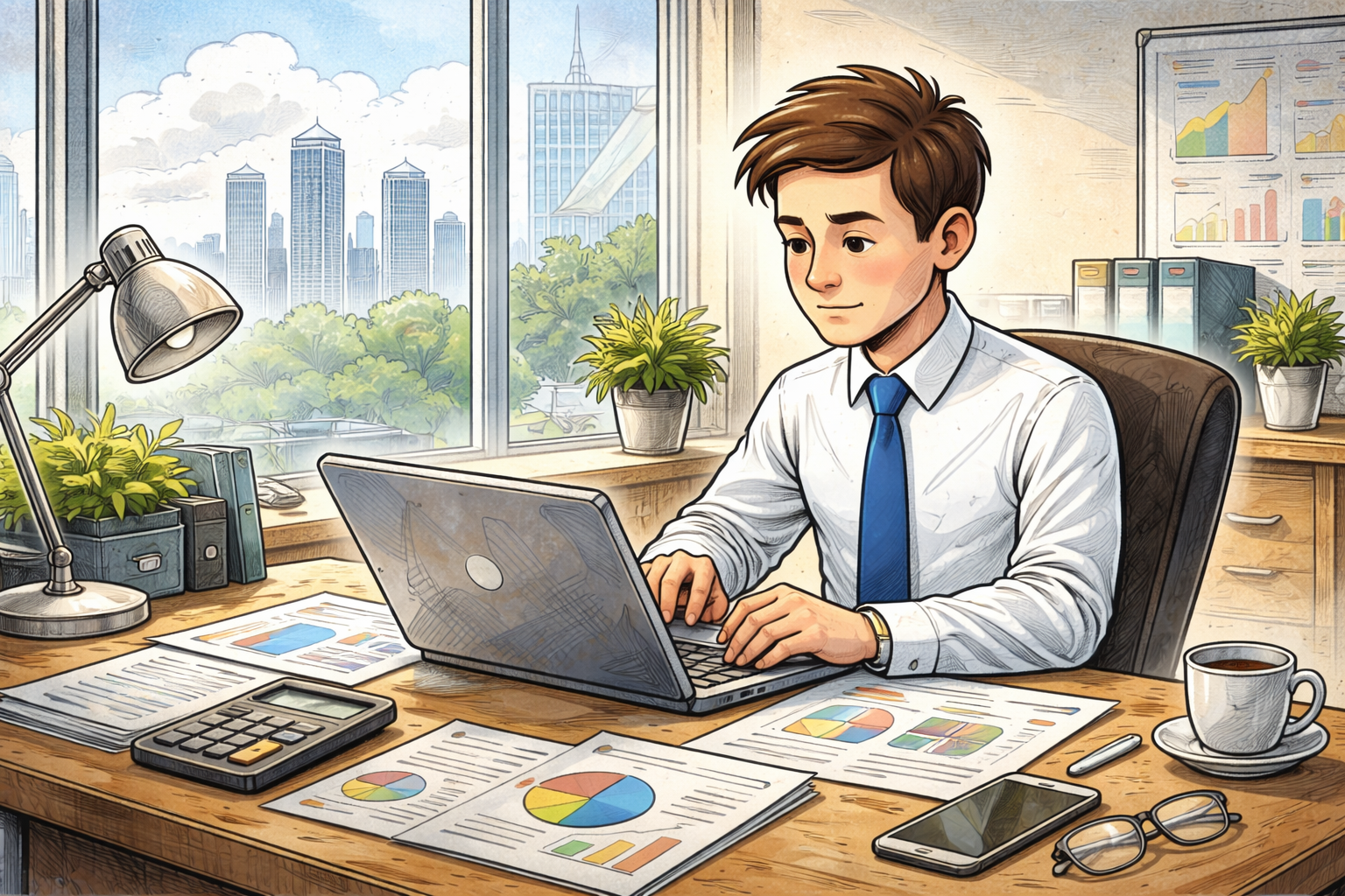 Financial Models for Investment Banking illustration of a professional analyst working on his computer in a modern office reviewing financial reports.