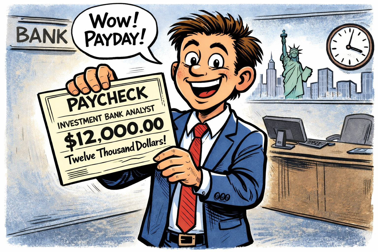 Political cartoon of a student investment banker holding a paycheck at a bank office, illustrating Investment Banking Entry Level Analyst Salaries and first-year analyst pay.