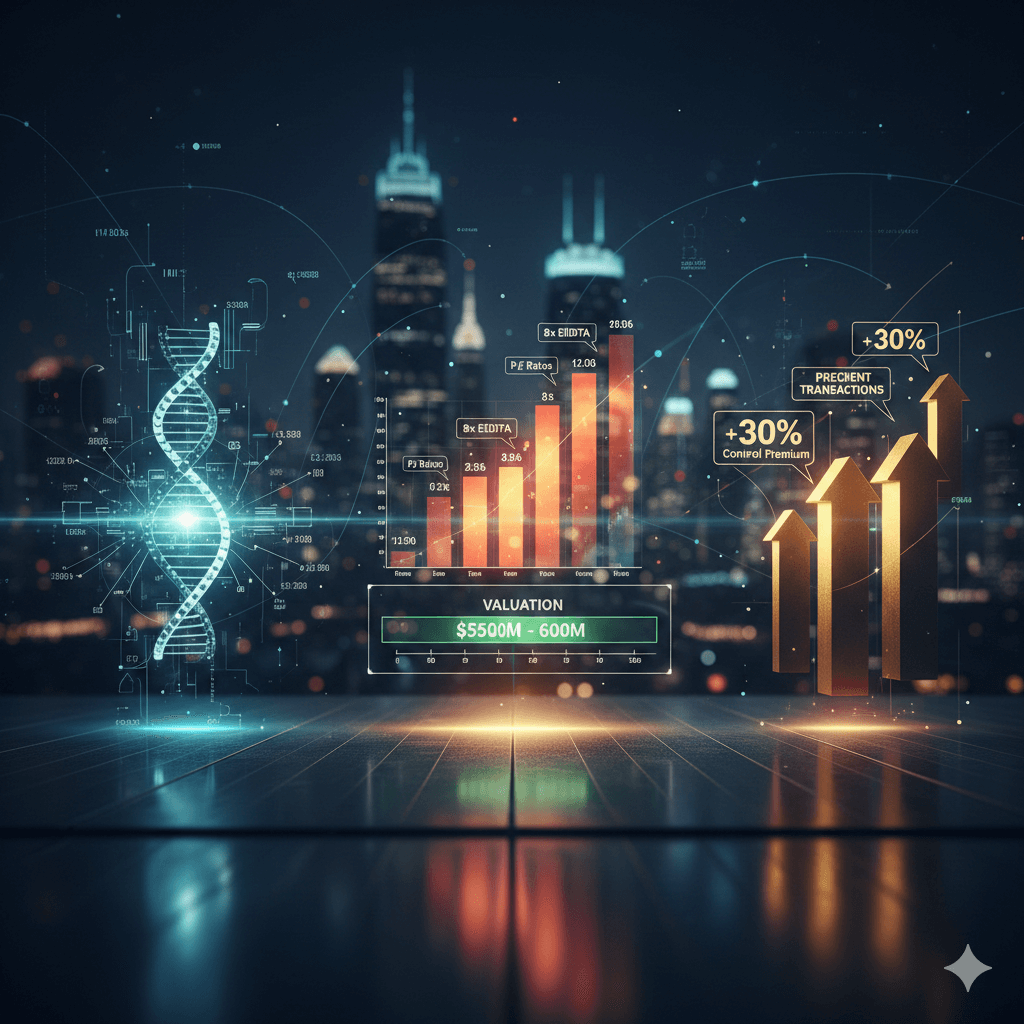 Investment banking valuation concept showing financial charts, a valuation range of $550M-$600M, and bar graphs representing EBITDA multiples and control premiums against a corporate city skyline.