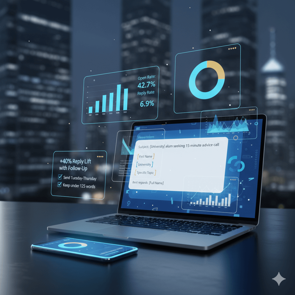 Investment banking networking dashboard showing a cold email template on a laptop, 42.7% open rate analytics, and outreach benchmarks against a night-time corporate city skyline.