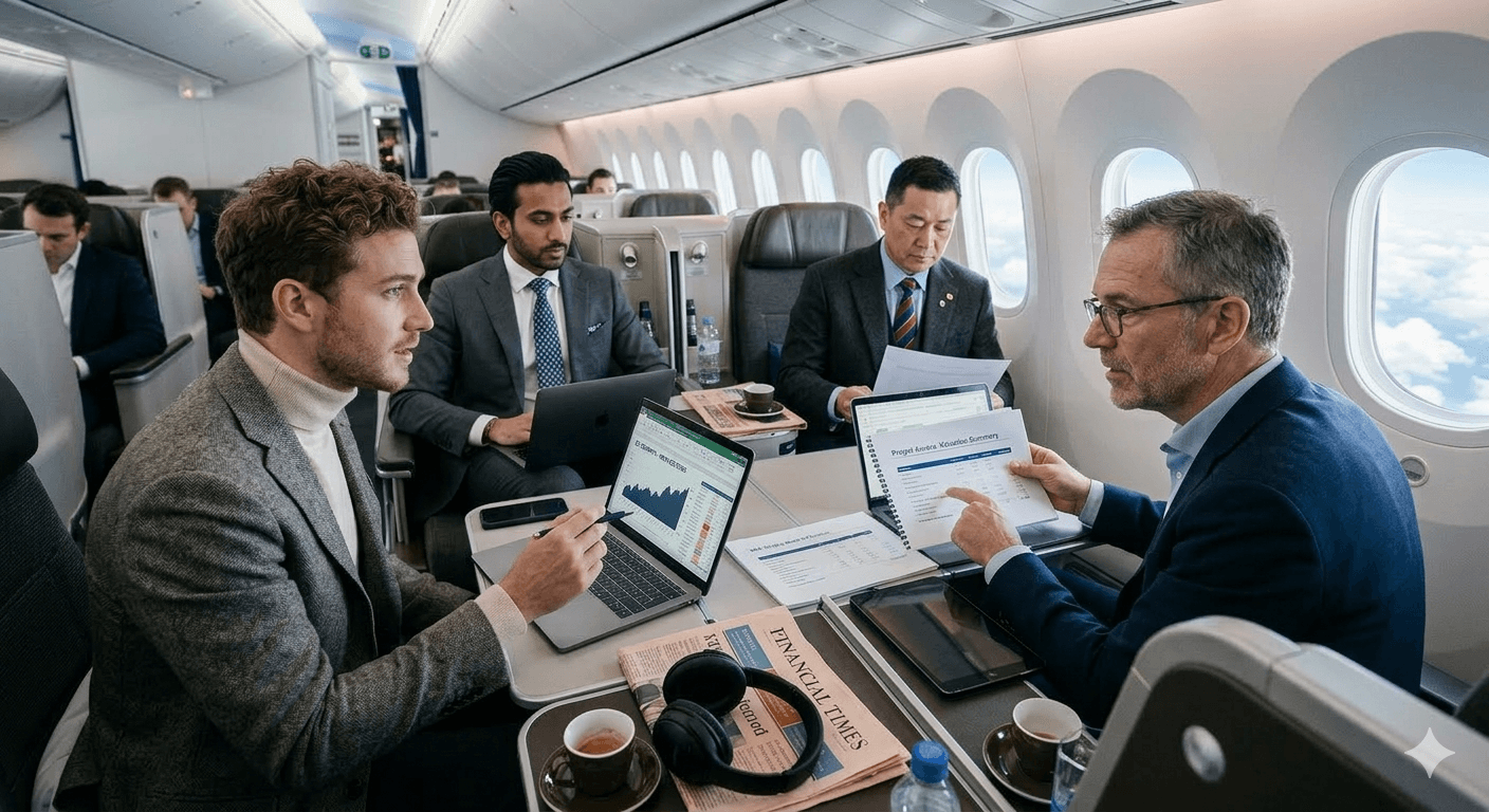 Four investment banking professionals with different managing director leadership styles reviewing financial charts and deal documents during a business class flight.