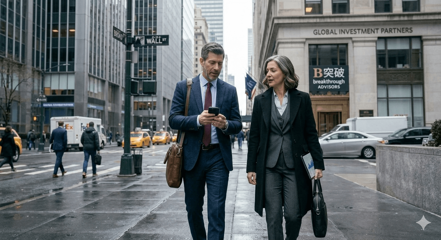 Investment banking student types to know: young professionals walking through a busy city financial district in business attire.