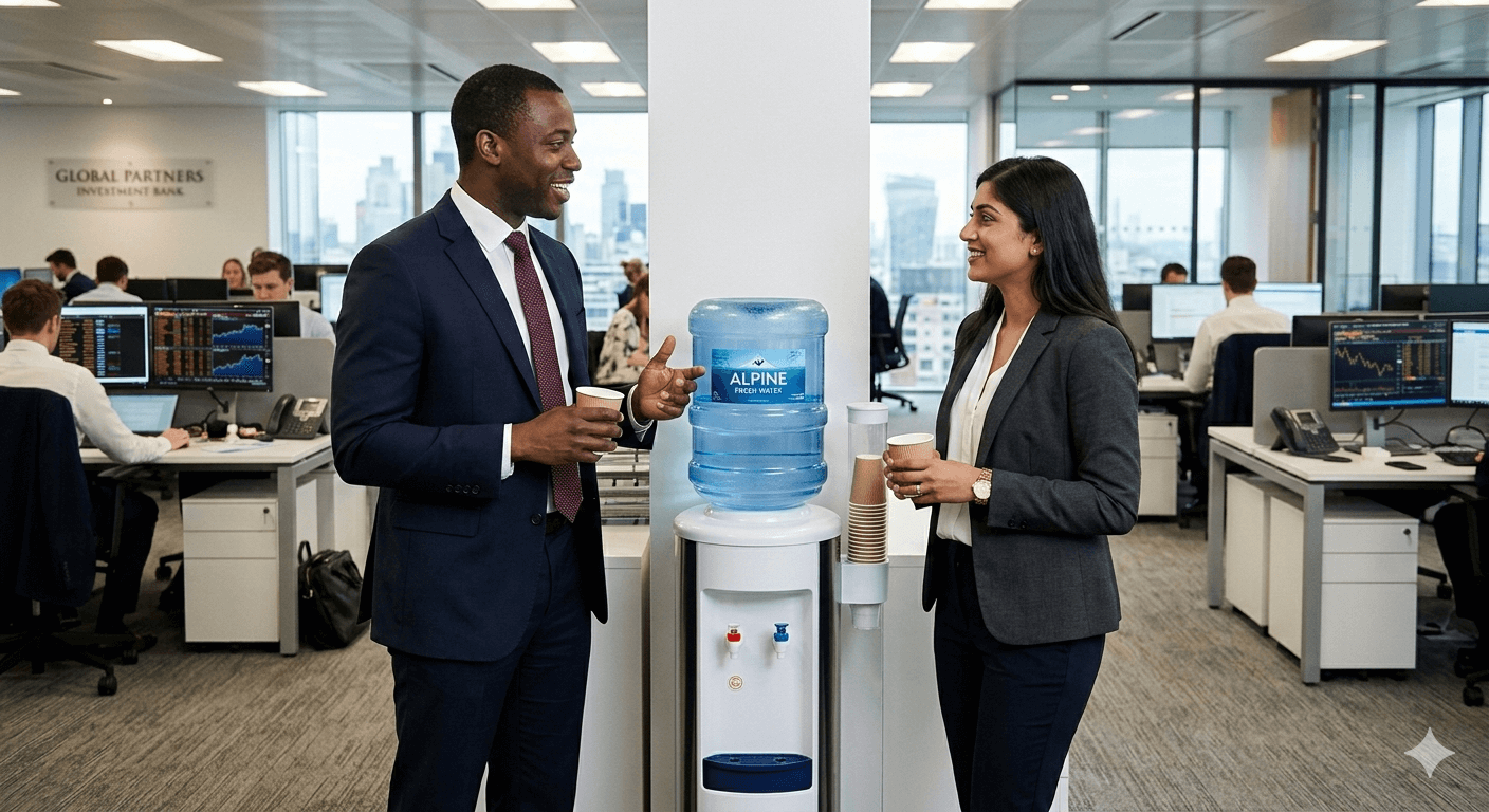A professional office setting at "Global Partners Investment Bank," showing a man and a woman in business formal attire having a conversation by a water cooler to represent investment banking work culture. The man, in a dark navy suit and burgundy tie, is gesturing while holding a paper cup. The woman, wearing a charcoal grey blazer, listens with a smile. In the background, a busy trading floor is visible with employees working at desks equipped with multiple computer monitors displaying financial data, all set against a high-rise city view.