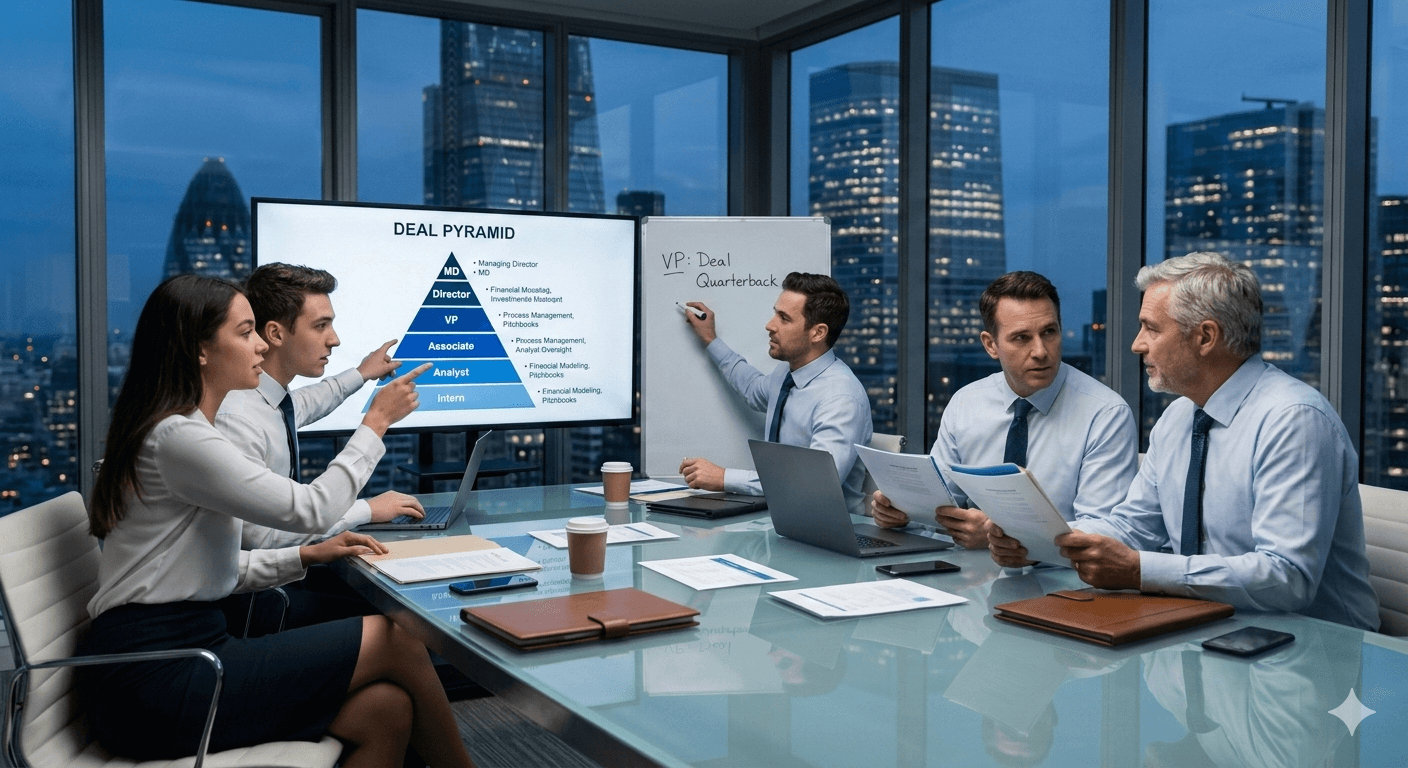 A group of investment bankers in a high-rise office meeting room illustrating the investment banking career path through a "Deal Pyramid" graphic on a digital screen, showing hierarchy from Intern to Managing Director.