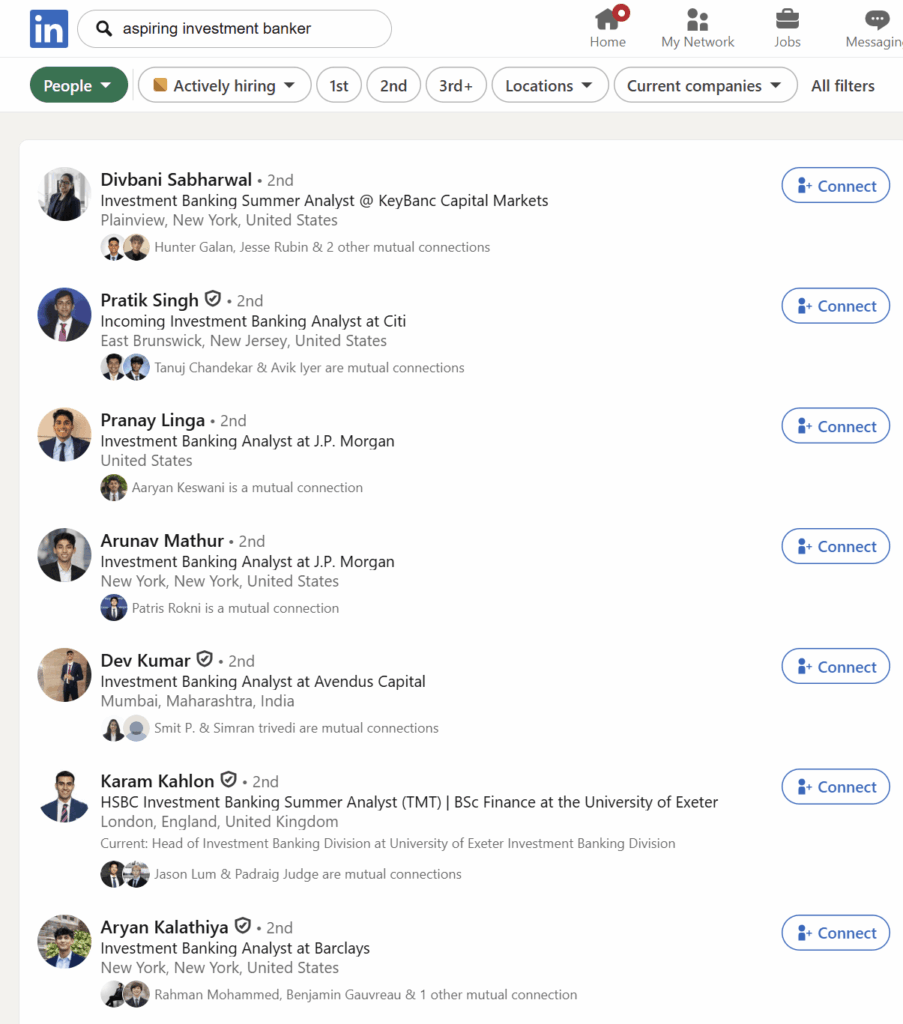 LinkedIn search results showing aspiring investment banker profiles after optimizing LinkedIn for investment banking.