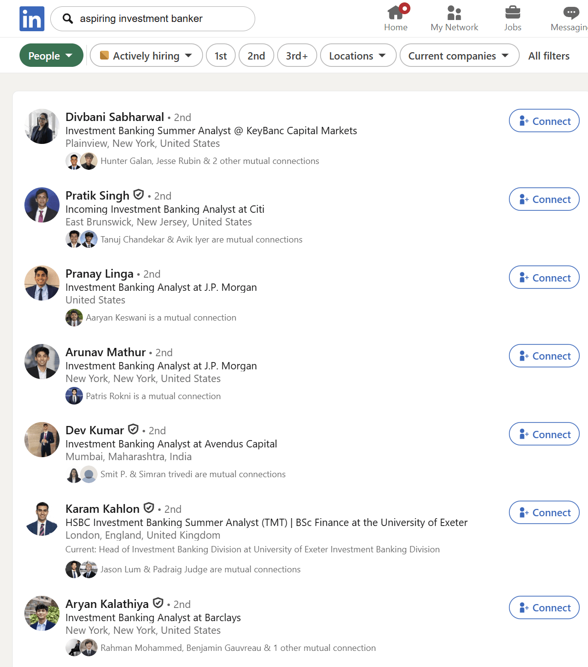 LinkedIn search results showing aspiring investment banker profiles after optimizing LinkedIn for investment banking.